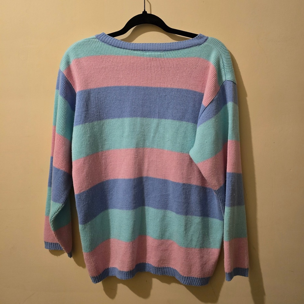 Vintage 80s Fetagetti Cardigan Women M Pink Blue Striped Pastel Knit Sweater - Picture 5 of 7